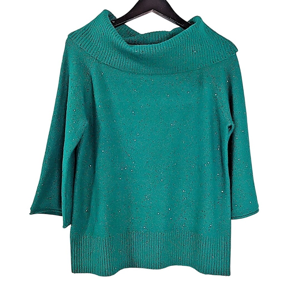 Cato Womens Medium Shimmer Cowl Neck Sweater Teal Green 3/4 Sleeve Soft Knit NWT